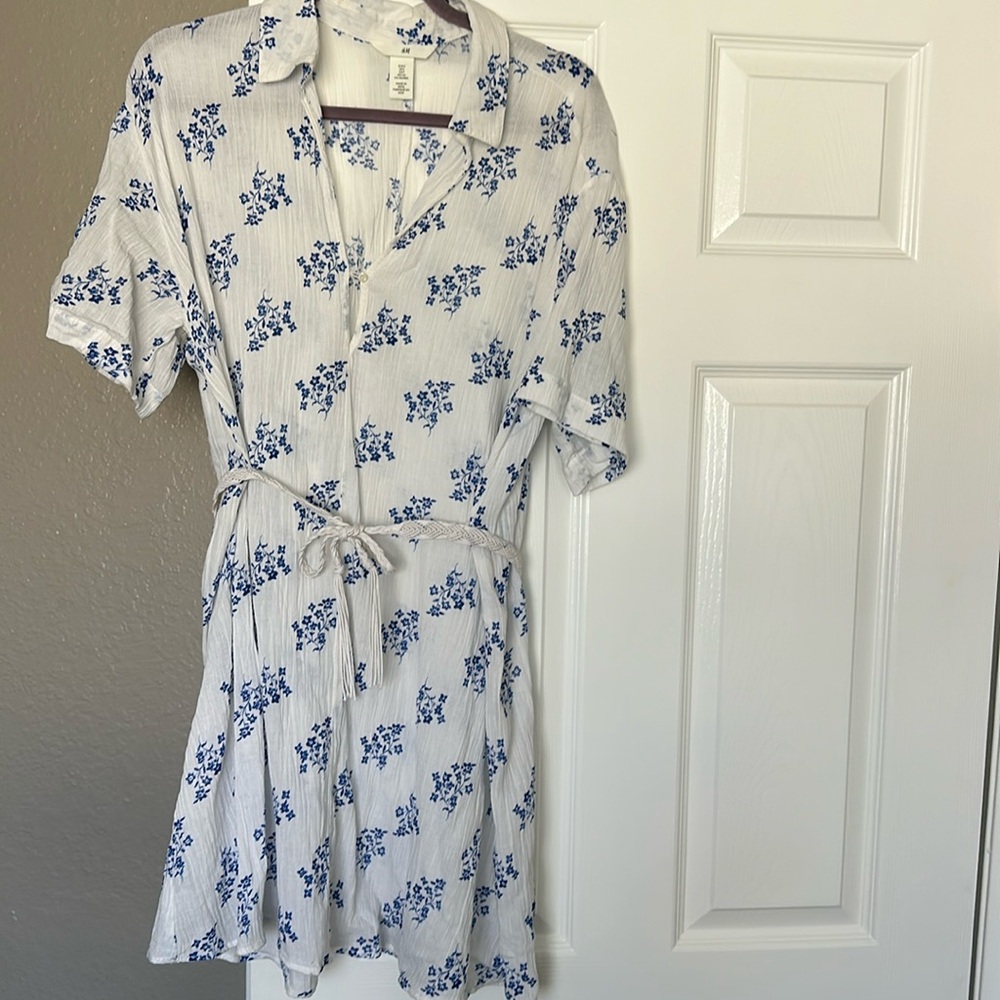 White Shirt Dress with Blue floral print and tie-belt